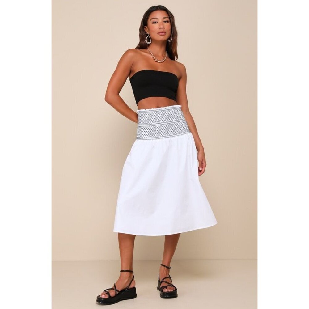 Lulus Relaxed Cuteness White Smocked Embroidered Midi Skirt - Size M